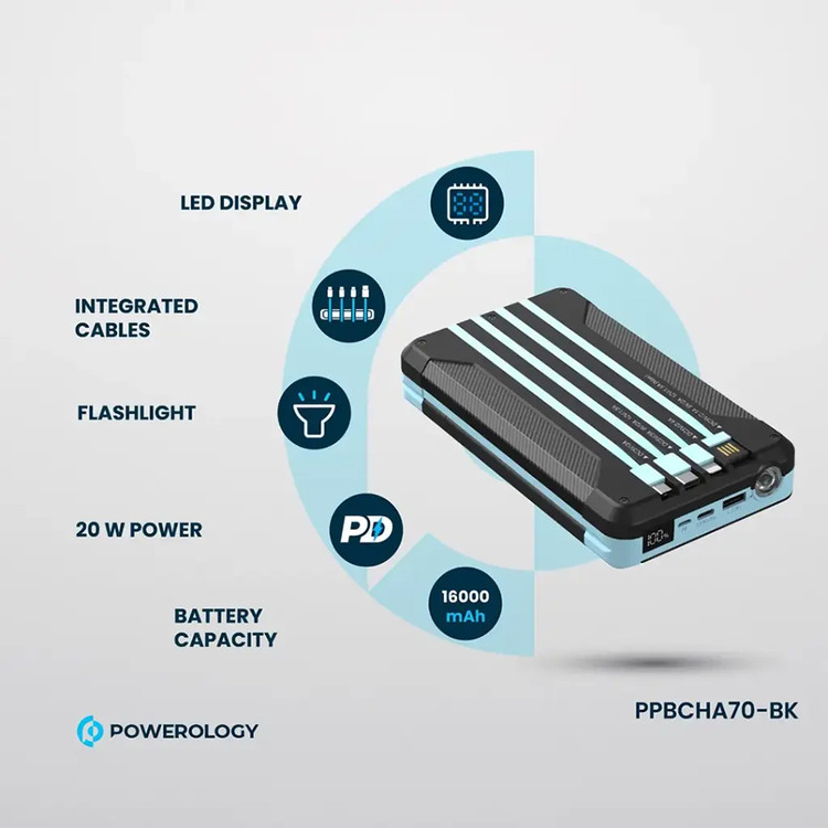 پاوربانک خورشیدی پاورولوژی مدل Powerology Multi-Cable 16000mA Solar