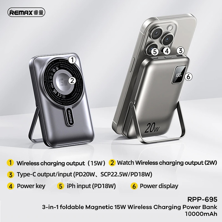 پاور بانک مگنتیک وایرلس ریمکس مدل RPP-695 ظرفیت 10000mAh