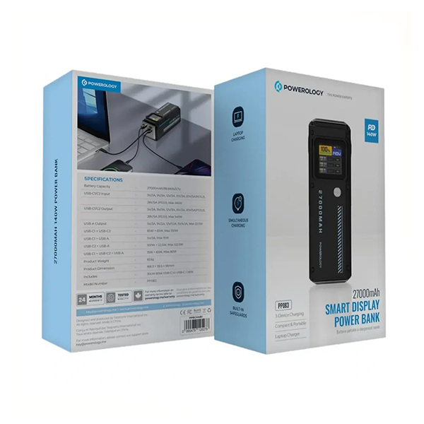 پاوربانک هوشمند 27000 میلی آمپر ساعت پاورولوژی(PPBCHA83)Powerology 27000mAh Smart Display Power Bank – Black