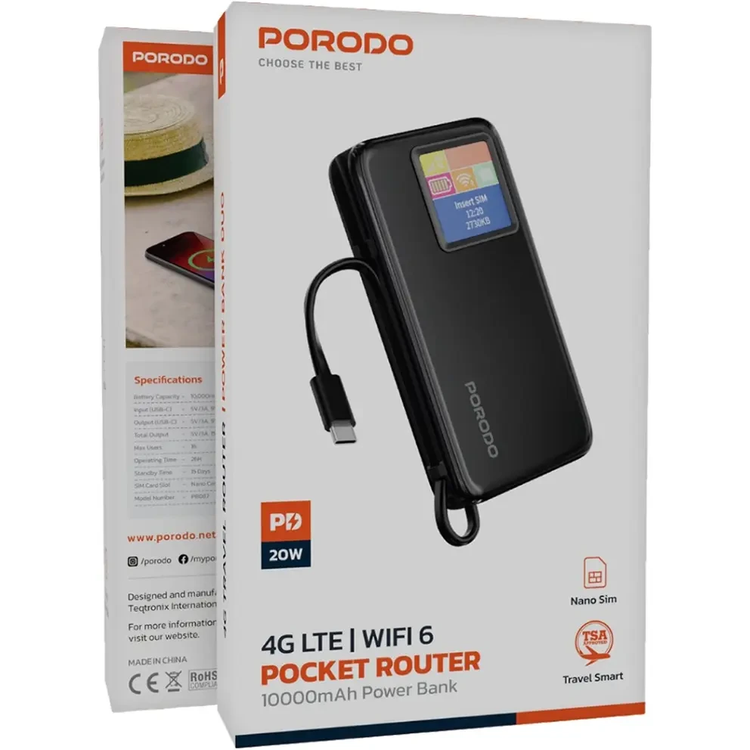 مودم جیبی Porodo 4G LTE & Wi-Fi 6 PB087 با پاوربانک 10000mAh