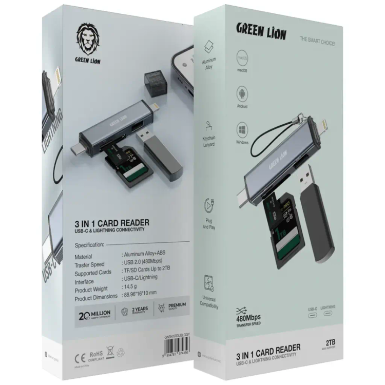 رم ریدر 3در1 با قابلیت اتصال USB-C و لایتنینگ گرین