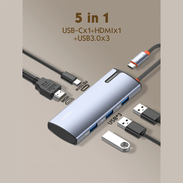 هاب 5 پورت تایپ سی الدینیو LDNIO 5in1 Type-c Hub Adapter DS-15H توان 100 وات