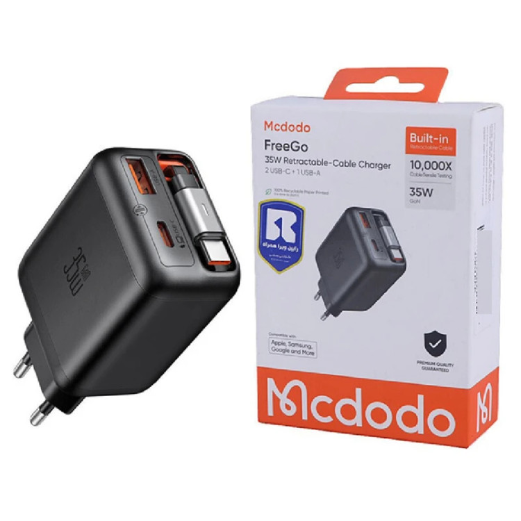شارژر دیواری 35 وات 3 پورت مک دودو مدل FreeGo CH-1280 با کابل جمع شونده تایپ سی