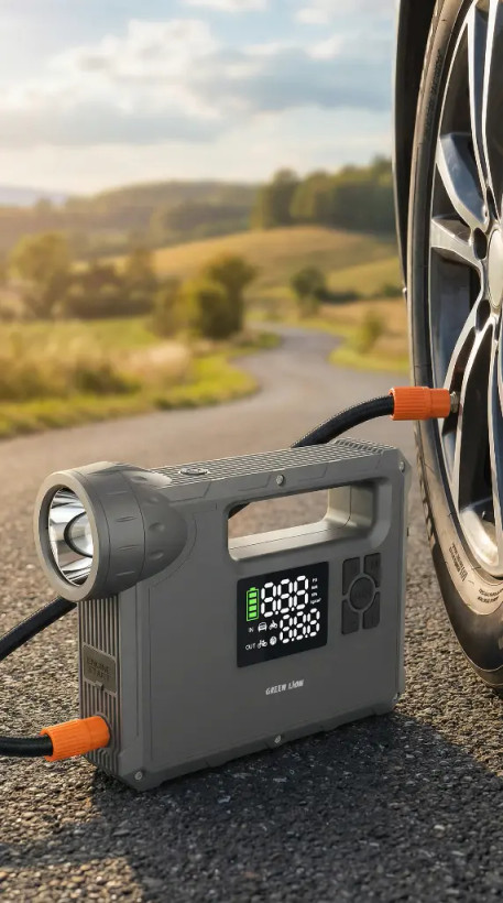 پاوربانک و کمپرسور باد و جامپ استارتر گرین لاین مدل Green Lion Savior 12V Jump Starter ظرفیت ۲۴۰۰۰ میلی آمپرساعت