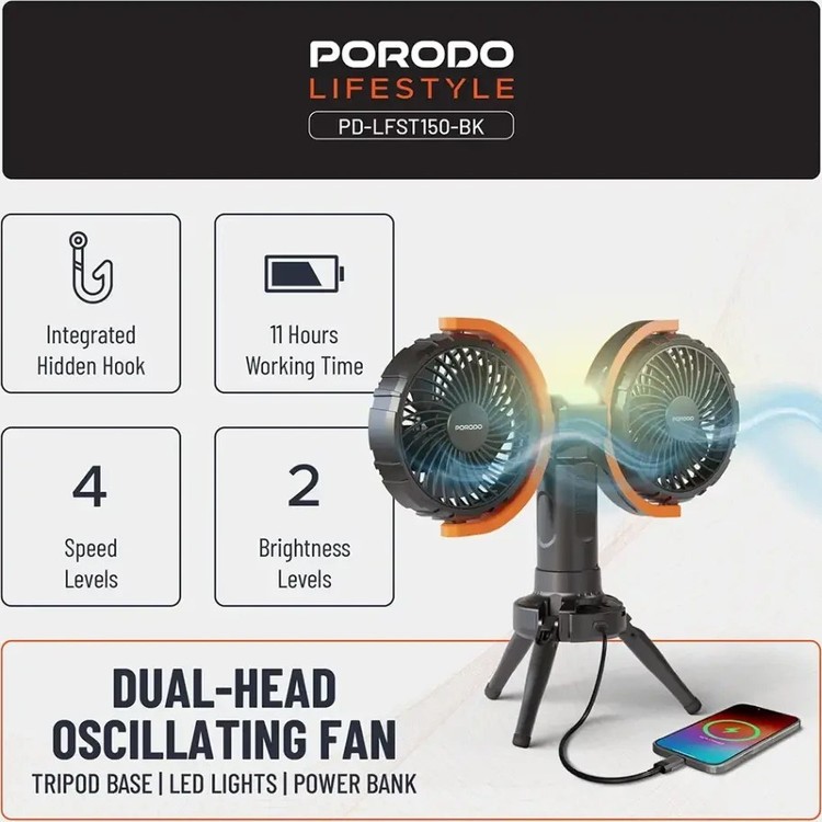 پنکه رومیزی شارژی و پاوربانک پرودو Porodo Dual-Head Oscillating Fan PD-LFST150 دارای چراغ LED