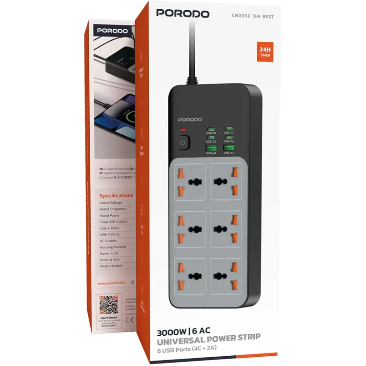 چندراهی برق پرودو مدل PDFWCH100 ظرفیت ۳۰۰۰ وات با ۶ پورت USB