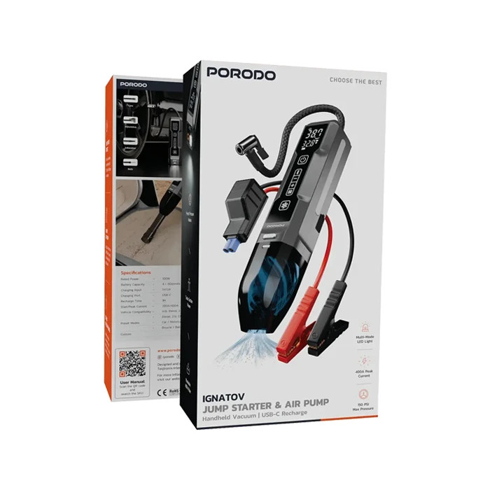 جامپ استارتر کمپرسور باد و جارو شارژی پرودو Porodo PDJS41BK Ignatov همراه با چراغ قوه