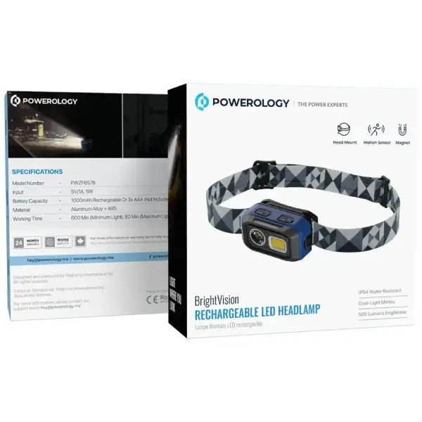 چراغ پیشانی شارژی پاورولوژی مدل Powerology BrightVision Rechargeable LED Headlamp