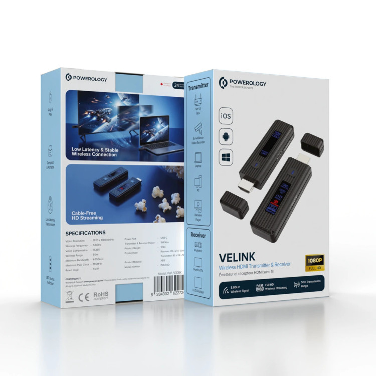 فرستنده و گیرنده HDMI بیسیم پاورولوژی VELINK مدل PWL50DBK
