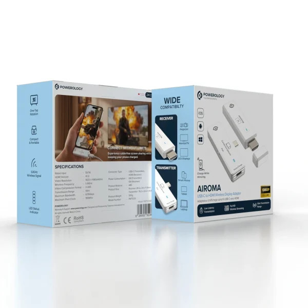 مبدل بیسیم تصویر پاورولوژی AIROMA USB-C به HDMI مدل PWTC03WH